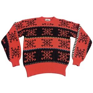Vintage Obermeyer Sport Sweater Wool Blend Knit Nordic Ski Medium Neon Snowflake